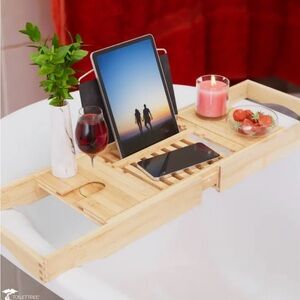 NIB BAMBOO BATHTUB CADDY, EXTENDABLE TRAY, BOOK/TABLET HOLDER, WINE GLASS HOLDER